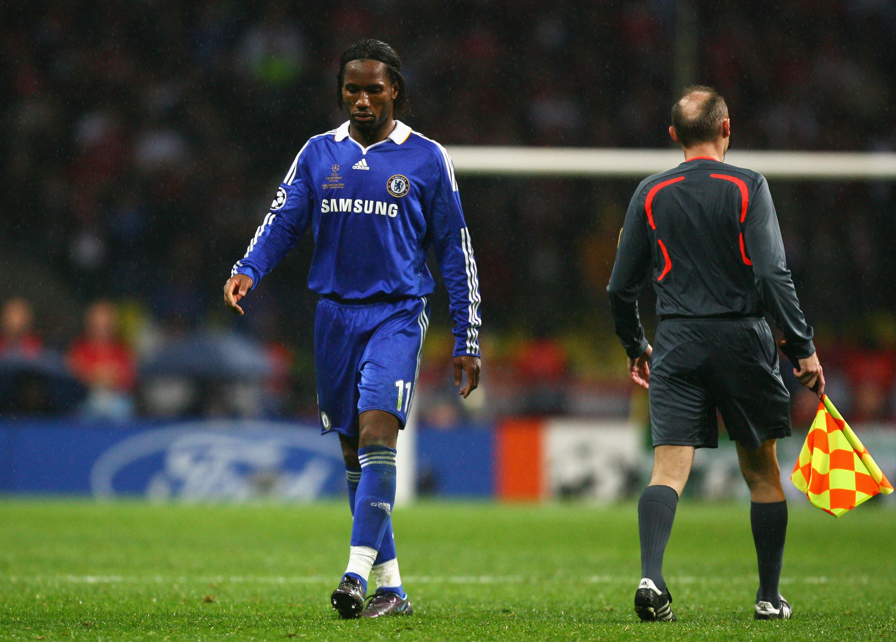 Didier Drogba leaves the pitch following his red card in the 2008 Champions League final.