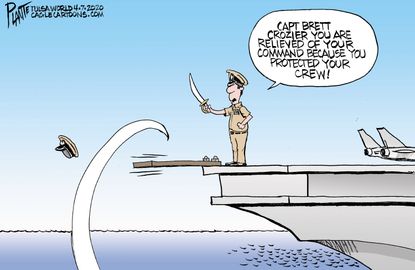 Political Cartoon U.S. Navy Captain Crozier walks the plank protects crew coronavirus