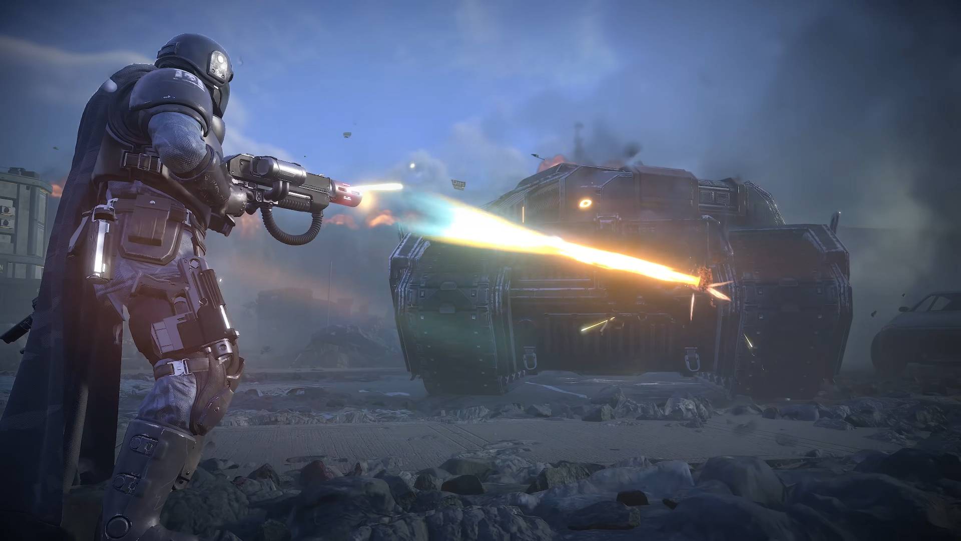Helldivers 2 Warhammer 40,000 crossover Warbond demo trooper firing meltagun beam at nearby automaton tank