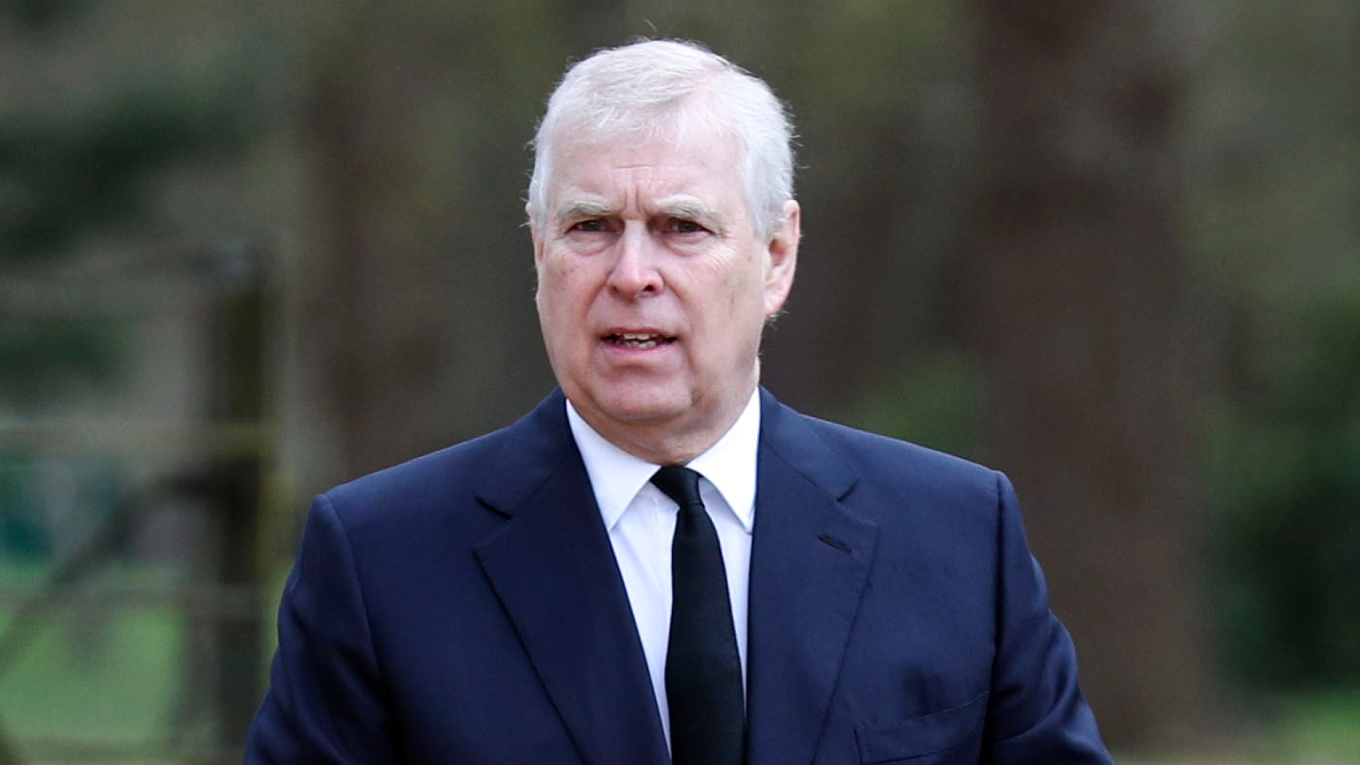 Prince Andrew wears a suit and looks bemused