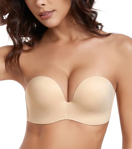 Lemorosy Women's Wireless Push Up Plunge Padded Non-Slip Invisible Strapless Bra (38dd, Beige)