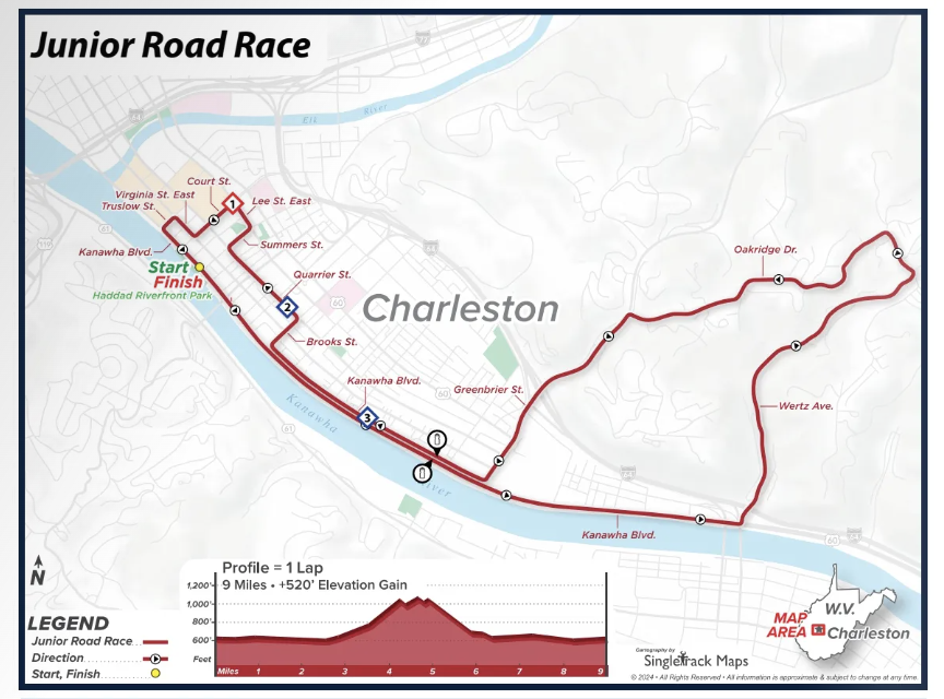 Map of road race for Junior 17-18 men and women at 2024 USA Cycling Pro Road National Championships