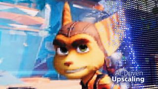 Graphic of Ratchet from Ratchet and Clank with pixellated effect next to text that reads "AI driven upscaling"