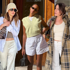 fashion collage of three French influencers including Camille Charrière, Claire Most, and Emma Hoareau wearing stylish outfit ideas with cotton shirts, silk pants, a plaid coat, and more