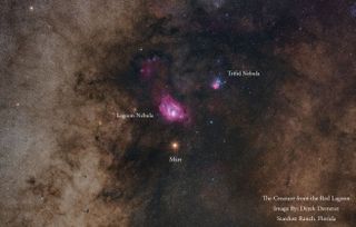 The image shows Mars passing below two objects known as the Lagoon and Trifid nebulas. Astrophotographer Derek Demeter took the images from the Stardust Ranch in Okeechobee, Florida.