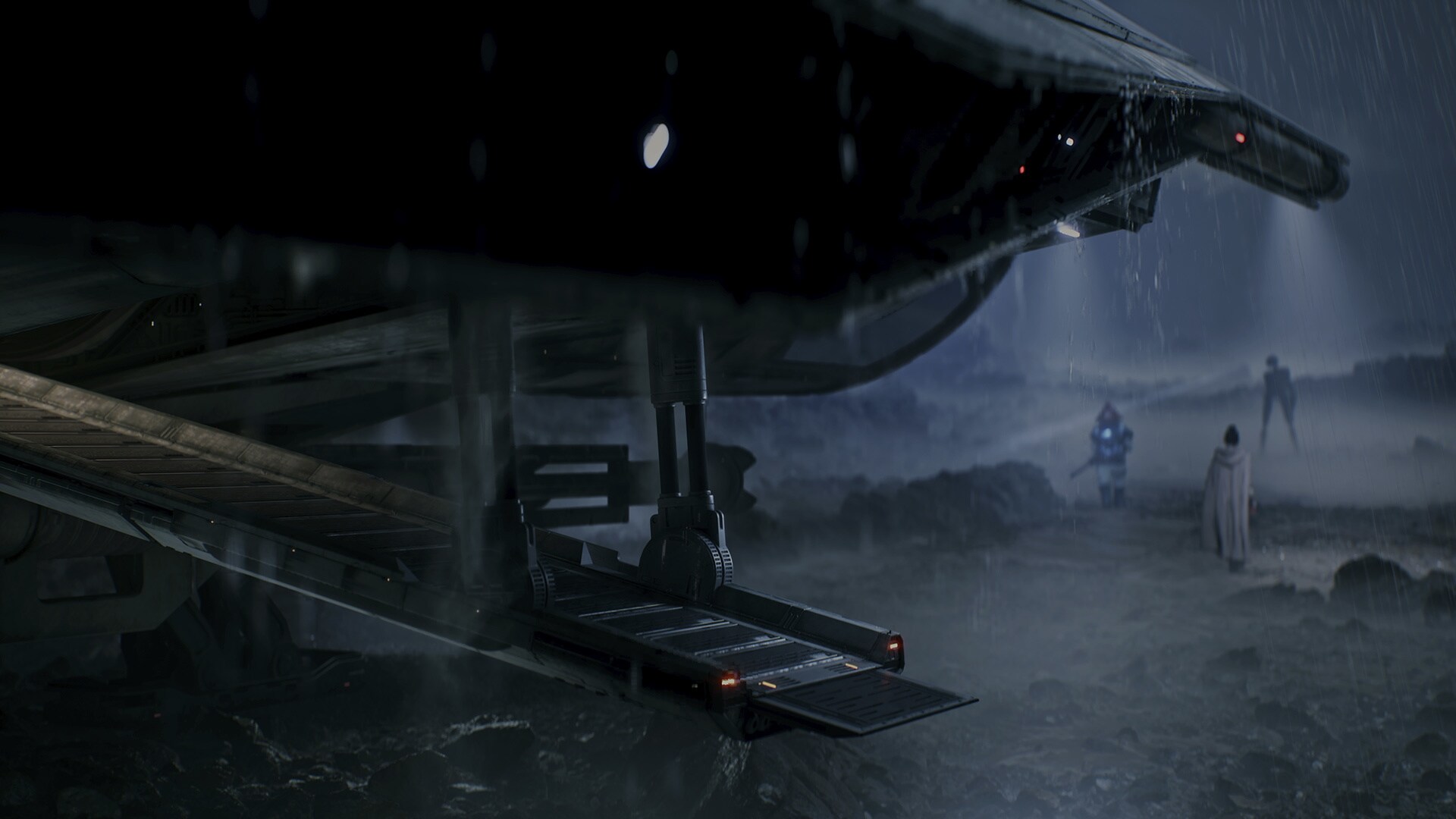 Star Wars: Fate of the Old Republic screenshot showing three figures walking away from a ship planetside