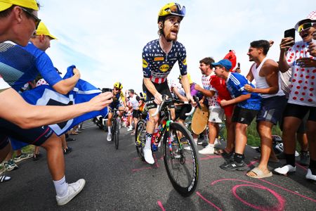 PLATEAU DE SOLAISON, FRANCE - JULY 19: Quinn Simmons of United States and Team Lidl - Trek competes while fans cheer at the Plateau de Solaison (1501m) during the 113th Tour de France 2026, Stage 15 a 183.9km a 155.3km stage from Champagnole to Plateau de Solaison 1501m / #UCIWT / on July 19, 2026 in Plateau de Solaison, France. (Photo by Tim de Waele/Getty Images)