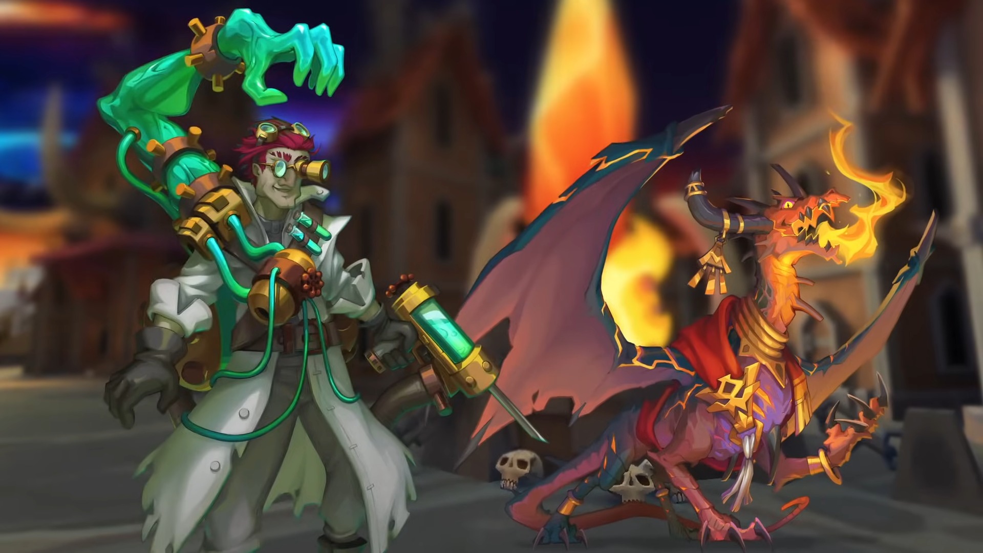 Monster Train 2 hero art of a dragon and scientist