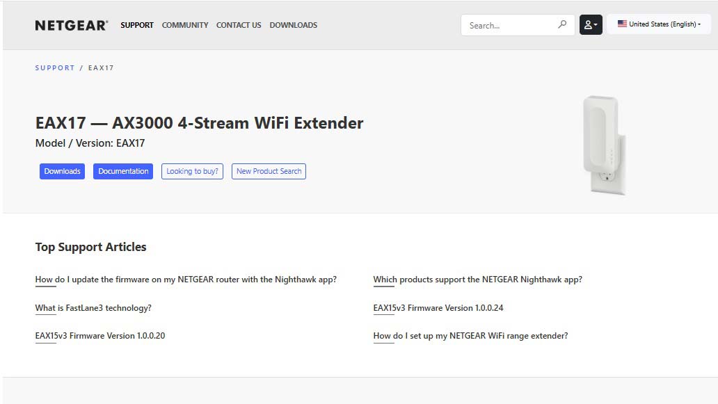 Screenshot showing the Netgear EAX17 Support page