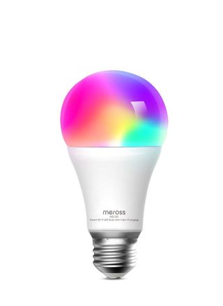 meross Smart WiFi LED Light Bulb on a white background illuminated with multiple colors.