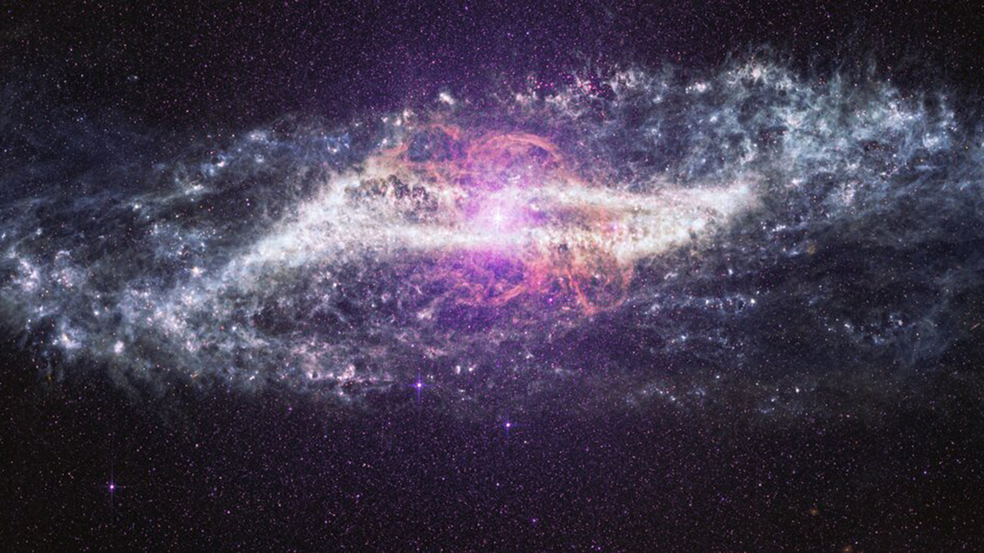 A view of glowing white light with purple and white gas surrounding it in deep space