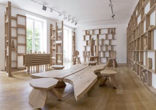 Oak sculptures and furniture created from a single fallen oak tree by Jean-Guillaume Mathiaut