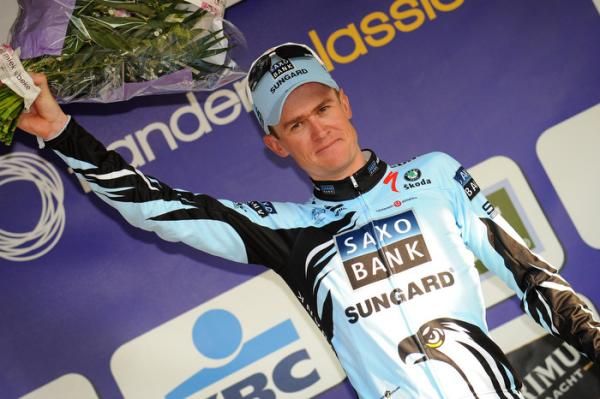 Nick Nuyens (Saxo Bank Sungard) on the podium following his victory.