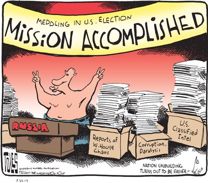 Political cartoon U.S. Trump Russia investigation Putin election meddling