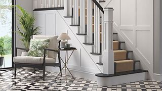 white staircase with natural stair runner and white wood wall panelling