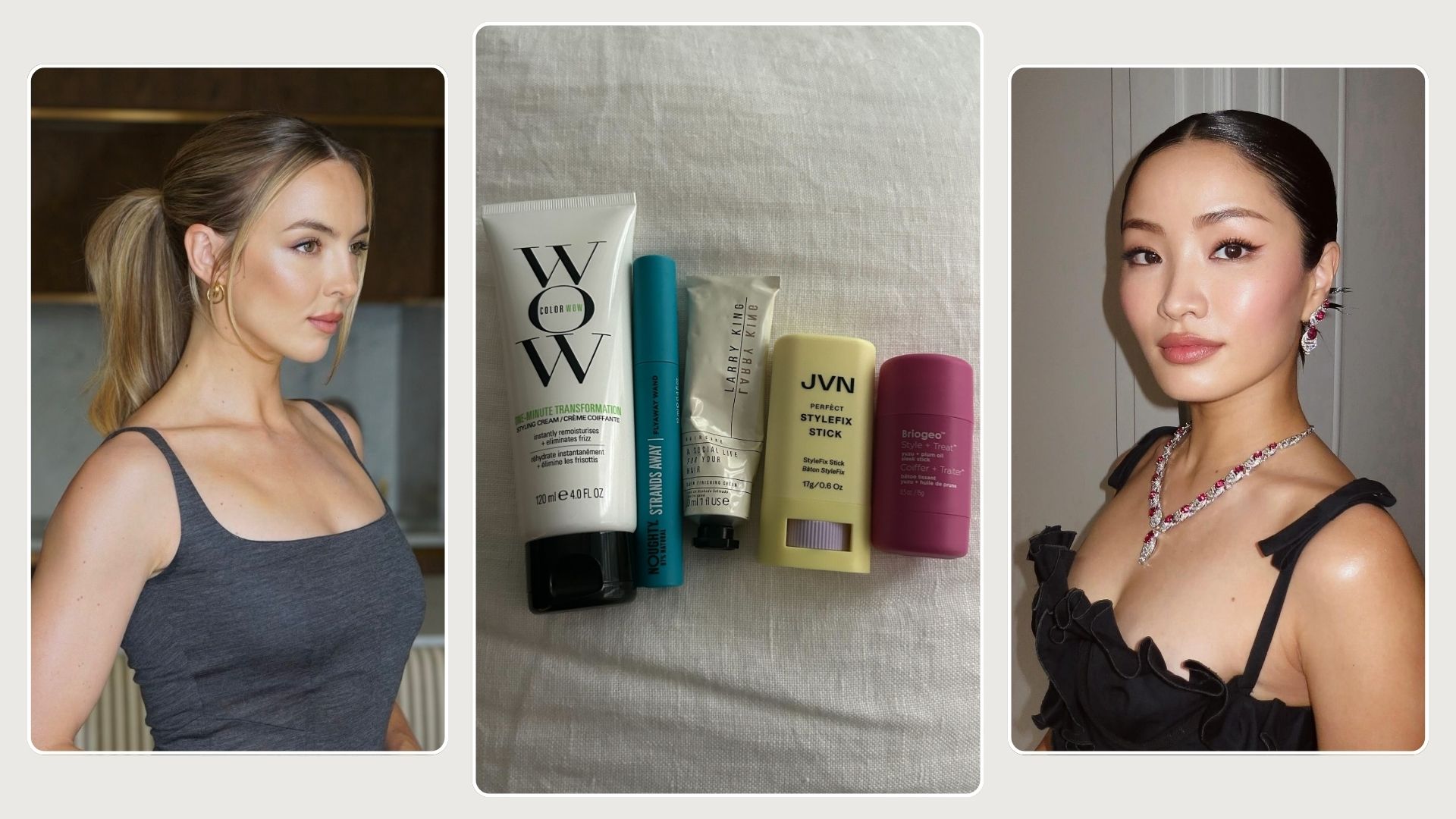 A collage of the best flyaway products and Anna Sawai and Jodie Comer with slicked-back hairstyles