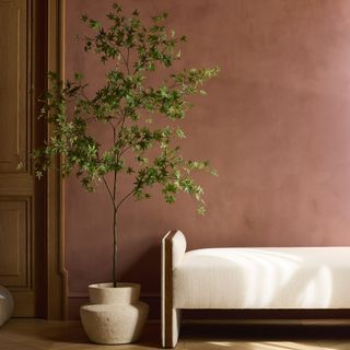 Terracotta red limewash painted wall with a white upholstered bench and a potted faux maple leaf tree