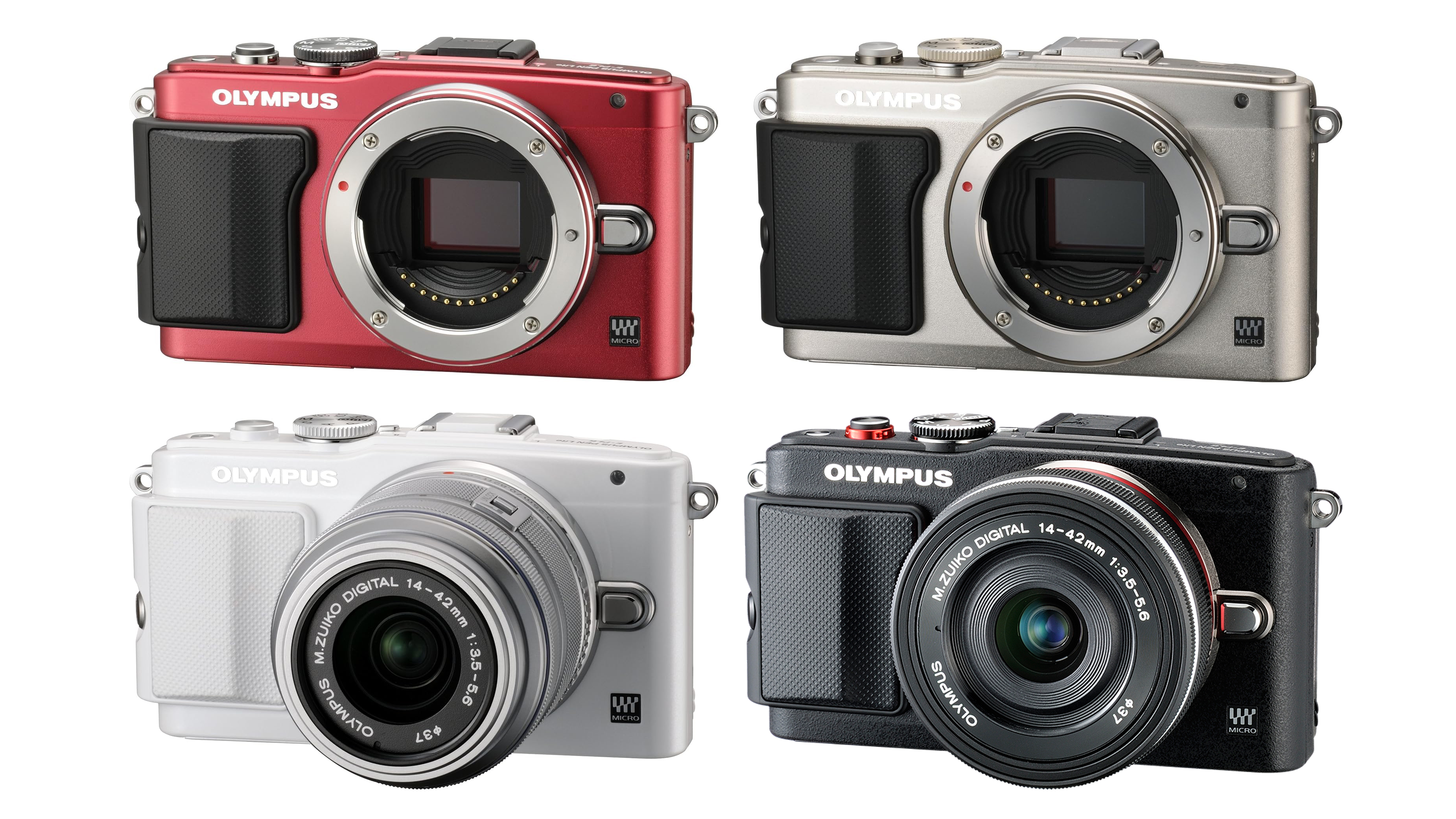 The Olympus PEN E-PL6 in red, silver, white and black colorways