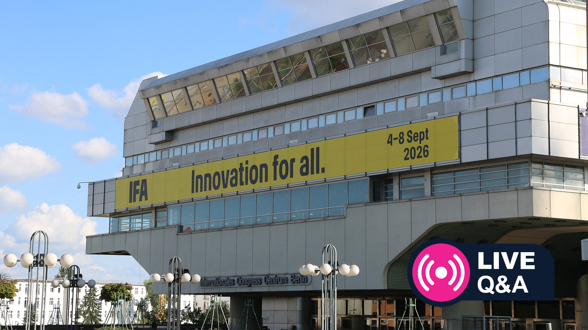 View of the facade of the Berlin Congress Palace announcing the IFA trade fair in Germany on August 24, 2026. 