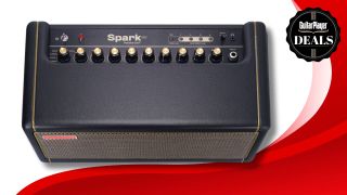 Top view of a Positive Grid Spark amplifier on a red and white background