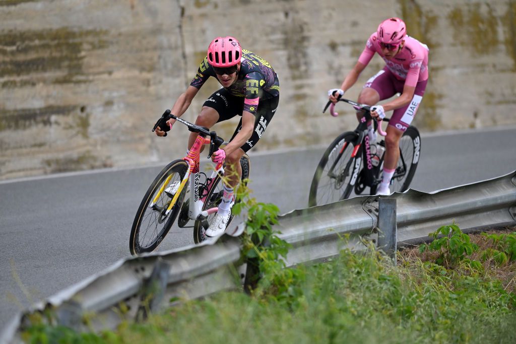 FOSSANO ITALY MAY 06 LR Mikkel Frolich Honore of Denmark and Team EF Education EasyPost and Tadej Pogacar of Slovenia and UAE Team Emirates Pink Leader Jersey compete during the 107th Giro dItalia 2024 Stage 3 a 166km stage from Novara to Fossano 374m UCIWT on May 06 2024 in Fossano Italy Photo by Dario BelingheriGetty Images