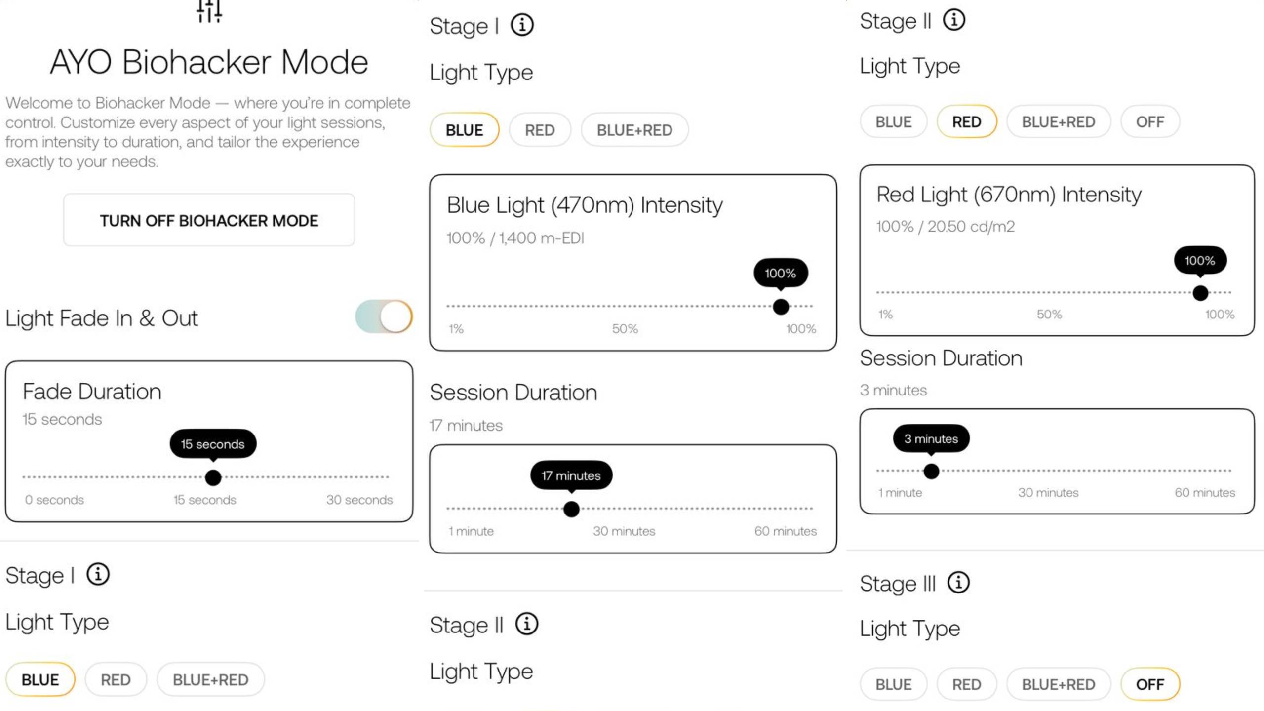 A series of screengrabs from the AYO+ Light Therapy Glasses companion app showing the biohacker mode where you can customize the type of light, level of intensity, and duration of light session