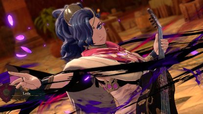 Leda strums a guitar in Fire Emblem: Fortune's Weave