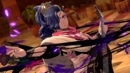Leda strums a guitar in Fire Emblem: Fortune's Weave