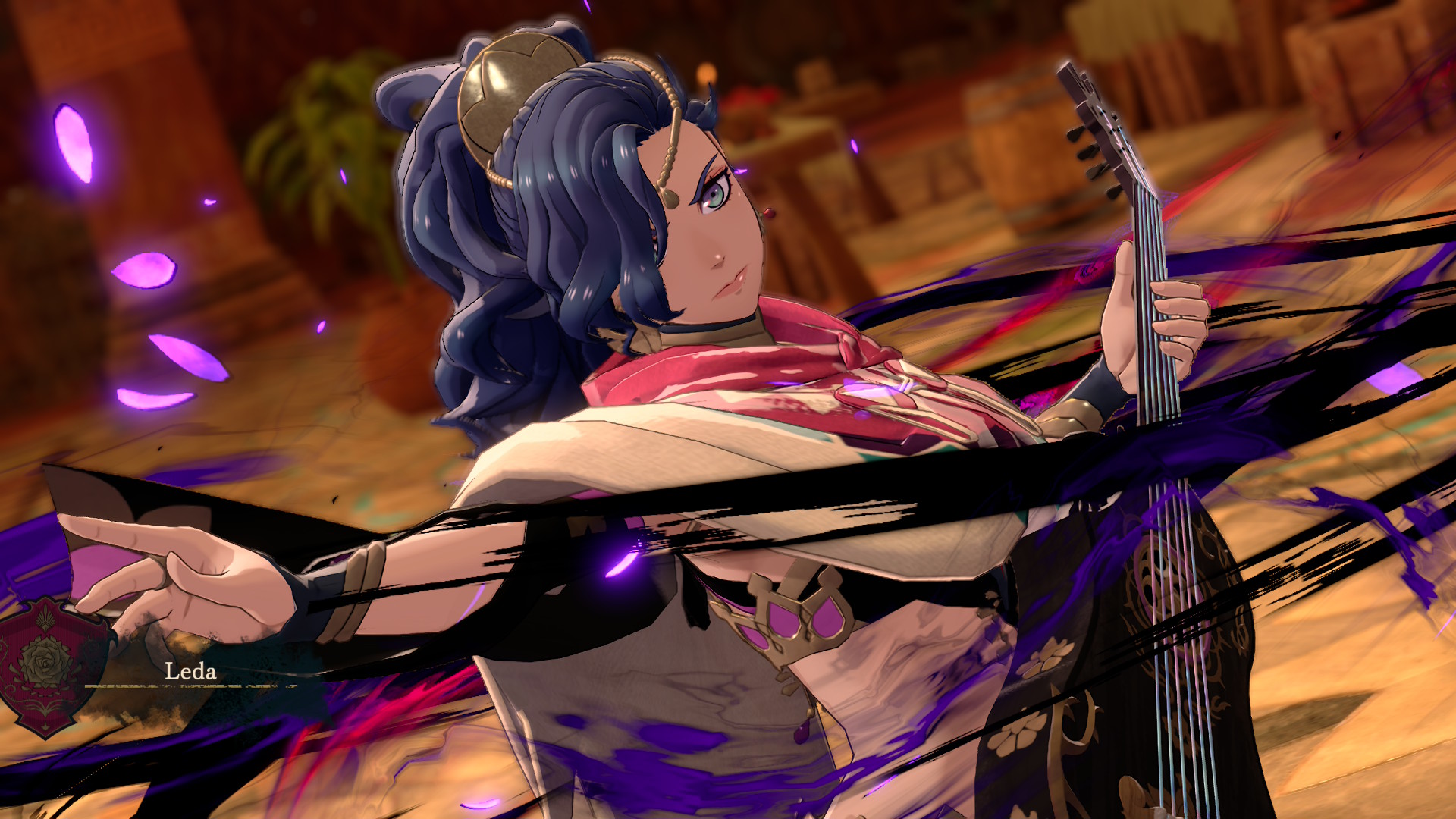 Leda strums a guitar in Fire Emblem: Fortune's Weave