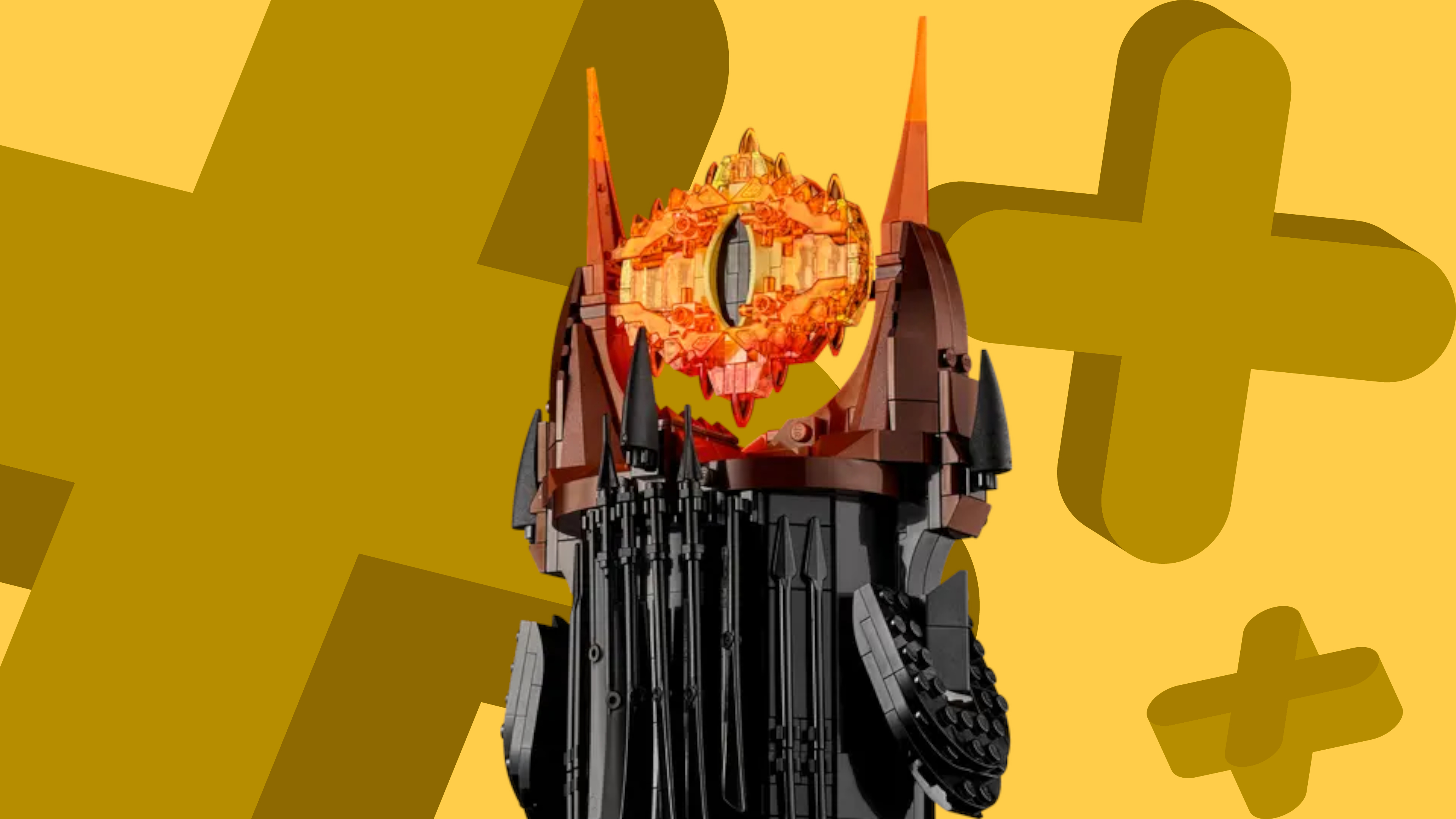 Lego Barad-dur eye of Sauron on a yellow background with crosses
