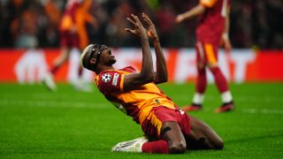 Victor Osimhen of Galatasaray reacts during the UEFA Champions League week 2 match between Galatasaray and Liverpool at RAMS Park in Istanbul, Turkiye, on September 30, 2025. 