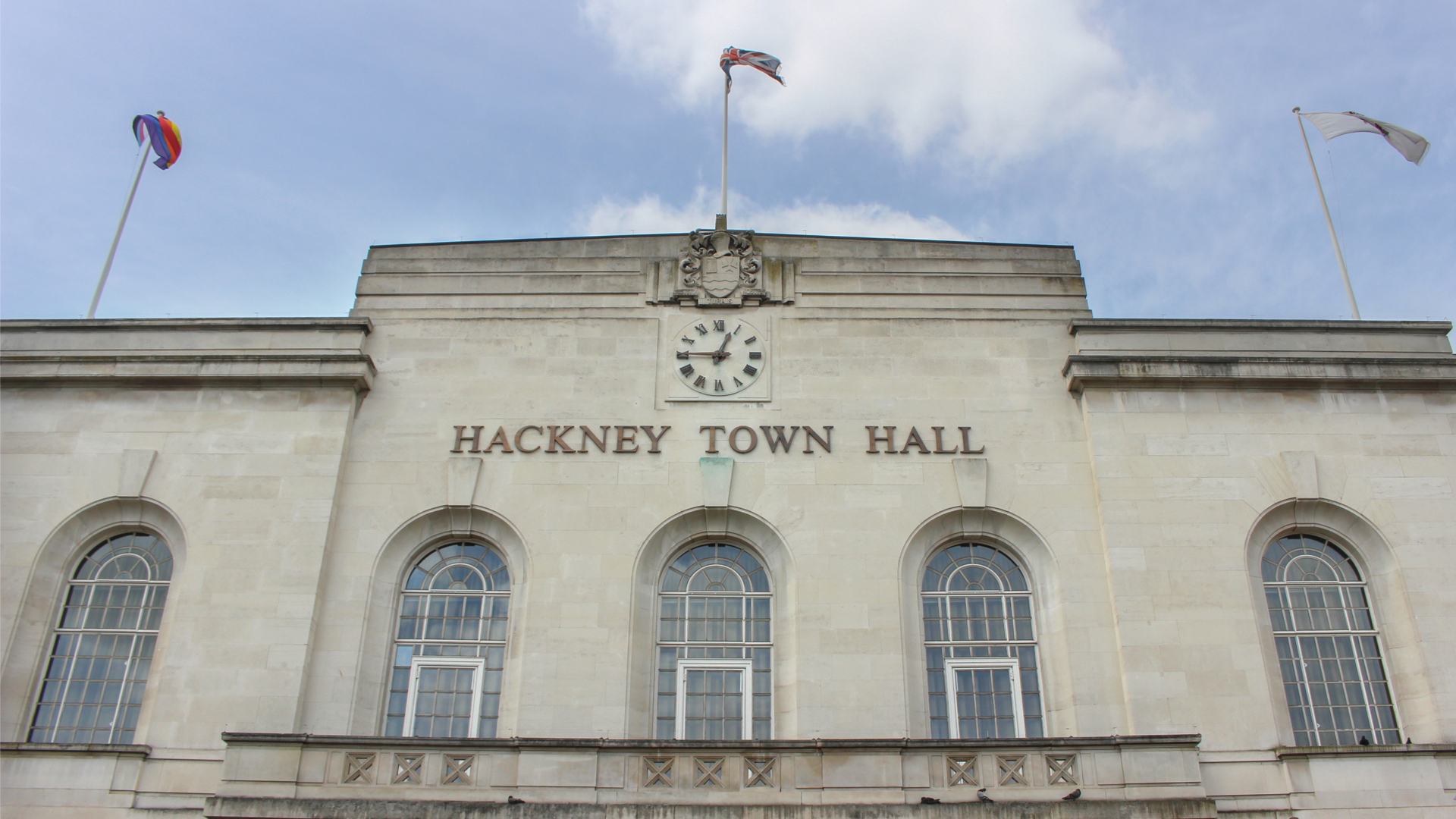 A front view of Hackney Town Hall, UK