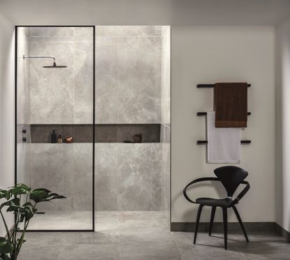 shower storage ideas wall to wall recessed shelf concrete grey bathroom by Original Style