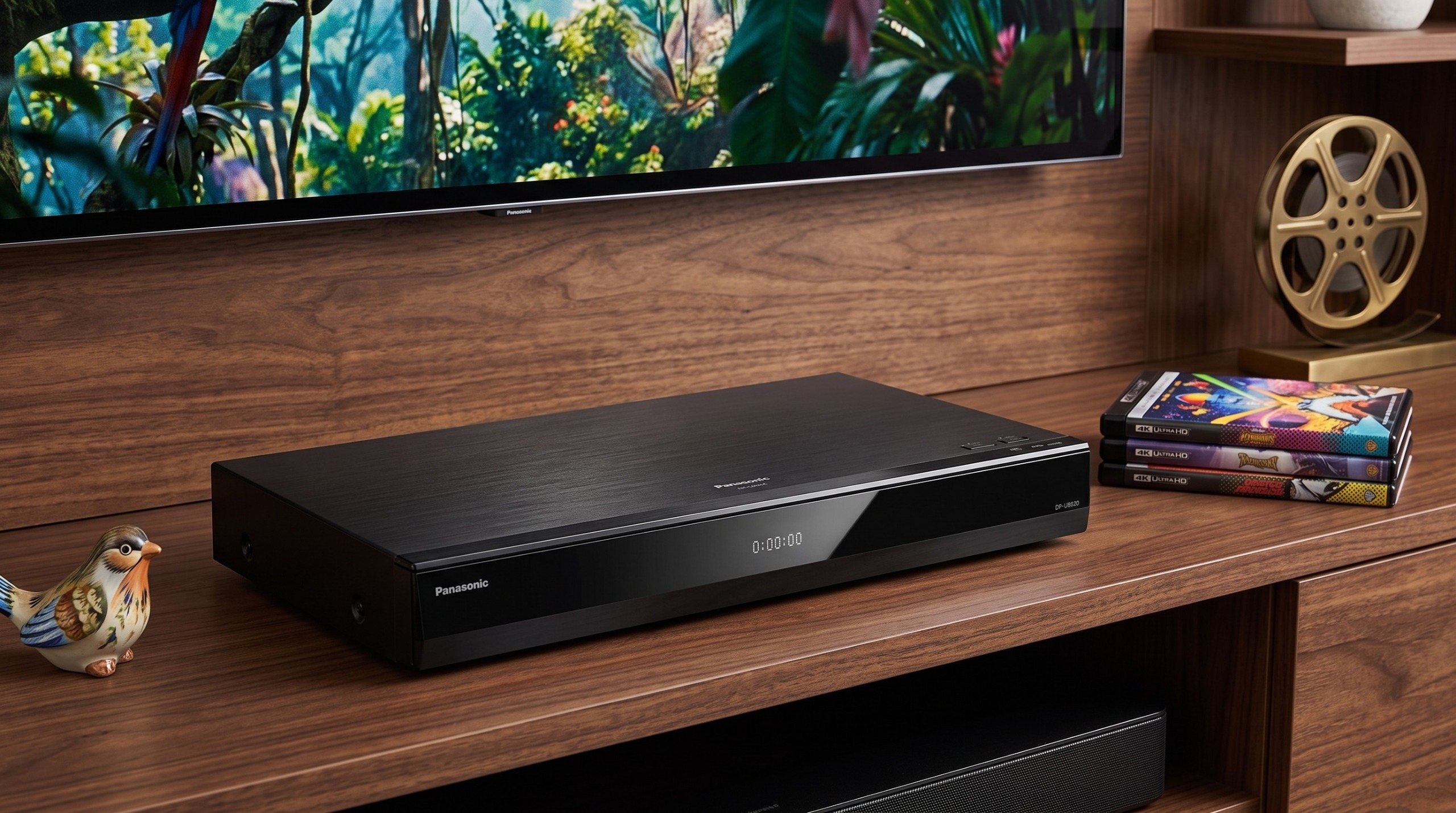 Panasonic DP-UB820 4K Blu-ray player on an entertainment unit.