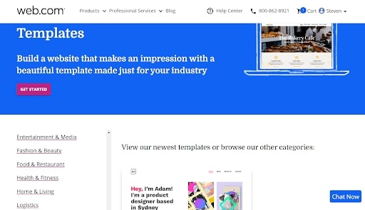 Web.com's webpage discussing its range of templates