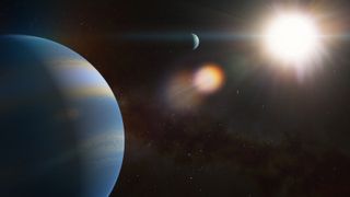 planets hang in space near a bright sun