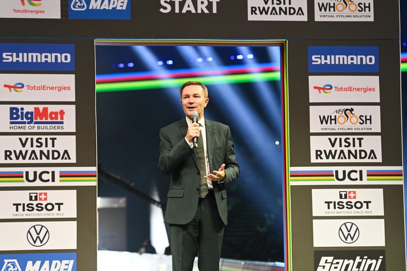 Picture by Simon Wilkinson/SWpix.com - 21/09/2025 - Cycling - 2025 UCI Road World Championships - BK Arena to Kigali Convention Centre, Kigali, Rwanda - Women Elite Individual Time Trial (ITT) - Opening Ceremony for Kigali 2025 inside the BK Arena, UCI President David Lappartient