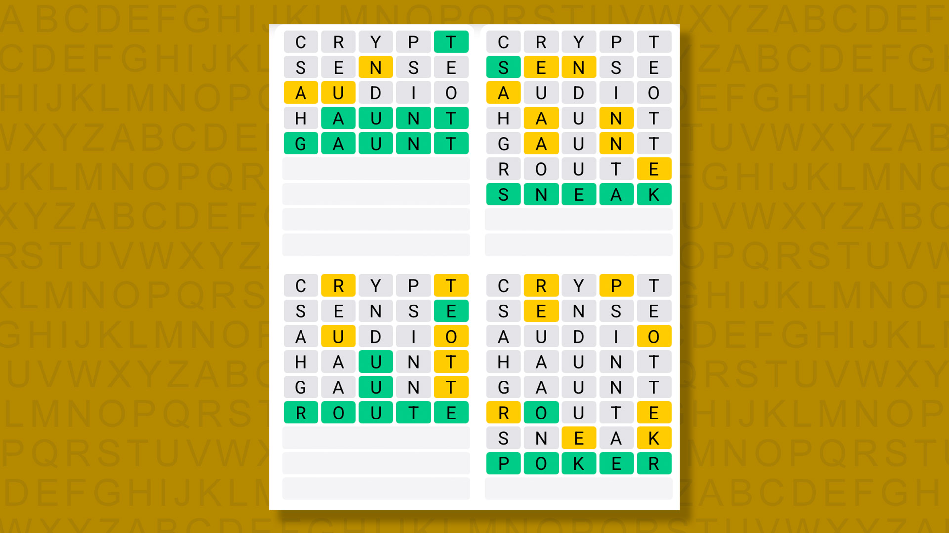 Respostas do Quordle para o jogo 1603 em fundo amarelo
