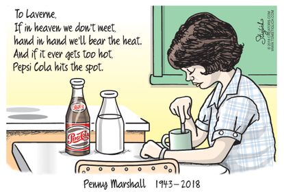 Editorial cartoon U.S. Penny Marshall death RIP Laverne Shirley pepsi cola