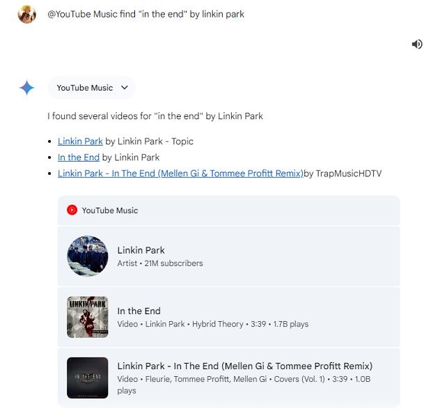 An example of a user searching up a song using Gemini's YouTube Music extension.