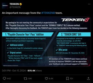 A statement from @TEKKEN.