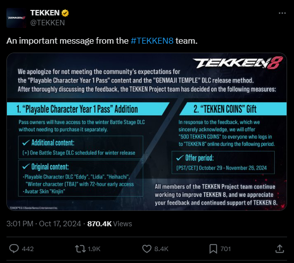 'We apologize for not meeting the community's expectations:' Tekken 8 makes a rare acknowledgement of fan backlash after failing to include a $5 stage in its season pass