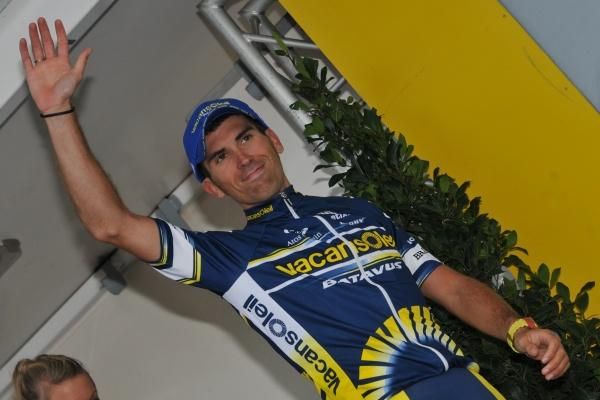 Marco Marcato (Vacansoleil) on stage to receive the mountains classification jersey.