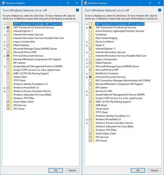 Windows 10 Home optional features (left), Windows 10 Pro optional features (right)