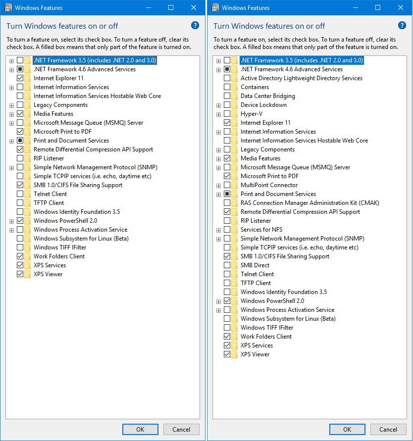 Windows 10 Home optional features (left), Windows 10 Pro optional features (right)