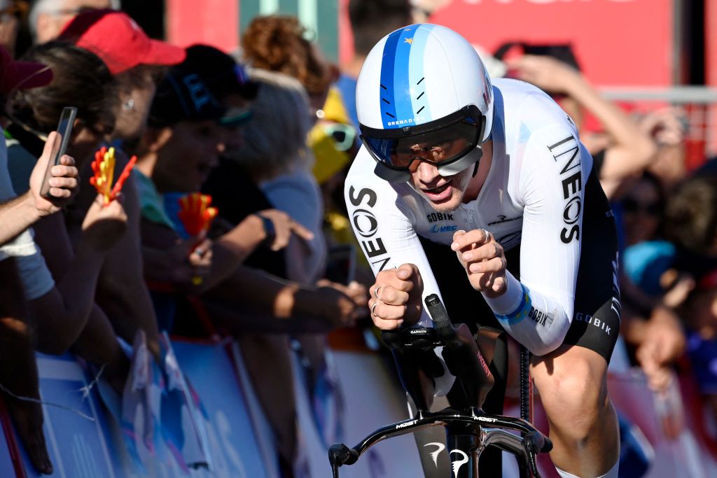 Team Ineos' Joshua Tarling competes in the stage 1 of La Vuelta a Espana cycling tour, a 12 km time-trial race from Lisbon to Oeiras, on August 17, 2024. (Photo by MIGUEL RIOPA / AFP)
