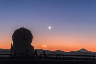 The "morning star" Venus rises with the crescent moon above Cerro Paranal in Chile.