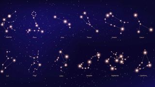 An illustration of the constellations of the zodiac in the night sky.