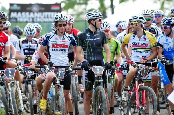 Sid Taberlay (Sho-Air/Specialized) and Jeremiah Bishop (Cannondale) share a laugh at the start of the men's short track. How things would change in the next 15 minutes...