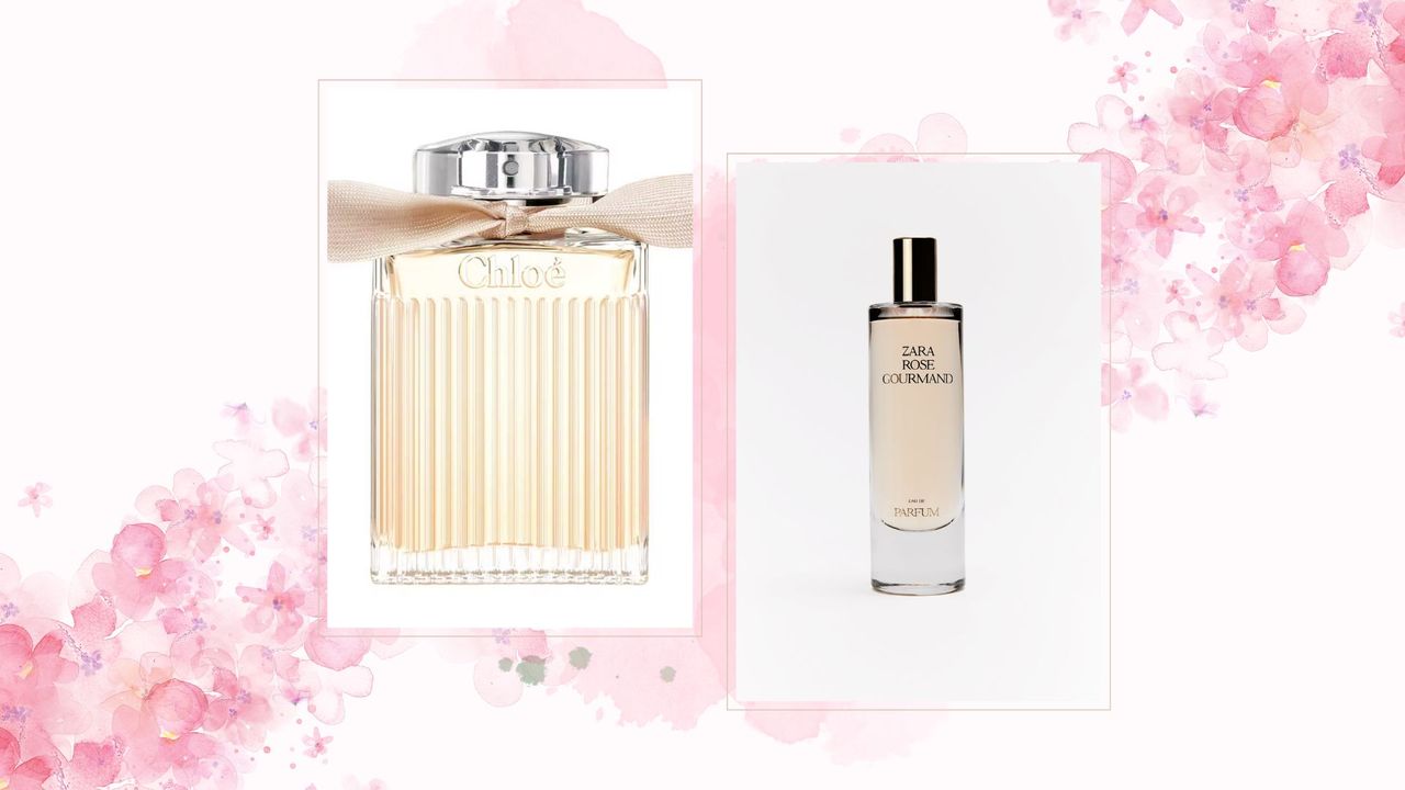 A composite image of the Chloé Signature perfume next to Zara&#039;s Chloé Signature perfume dupe on a pink floral illustrated background